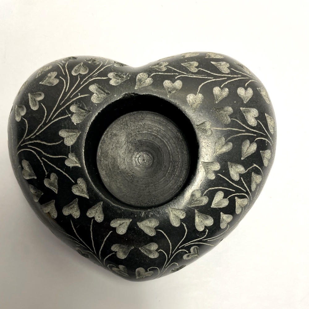 Soap Stone Carved Black Heart Tea Light Candle Holder 4 x 4 inches
